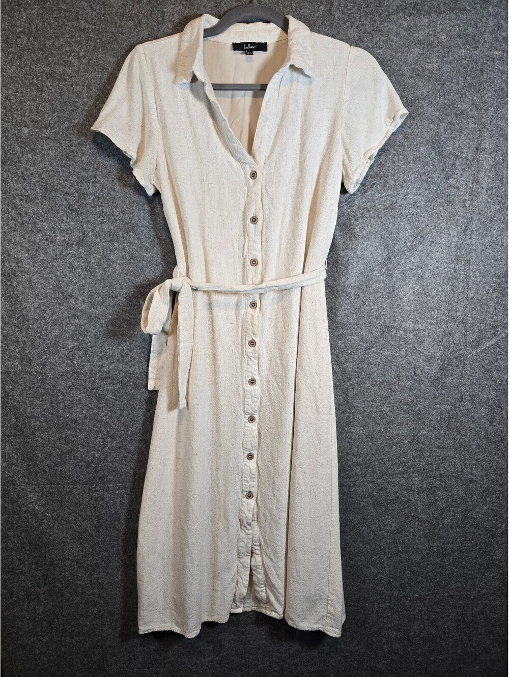 Women's Beige Button-Front Midi Dress with Belt, Short Sleeves, Size XS